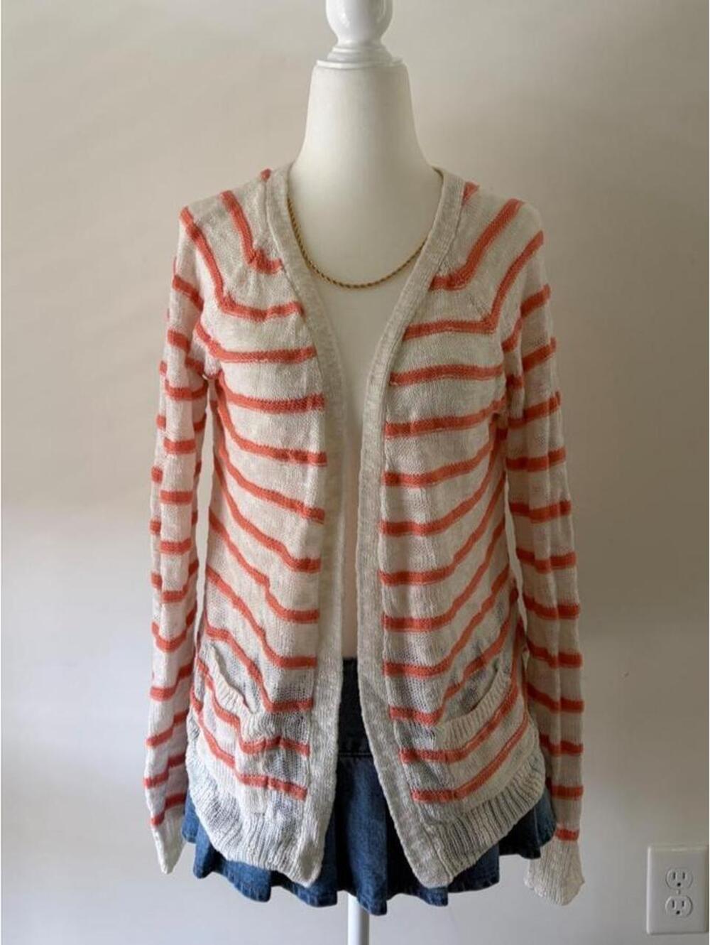 Y2K Coral Stripe Open Knit Cardigan | Coastal Fairycore Lightweight Sweater 🌸